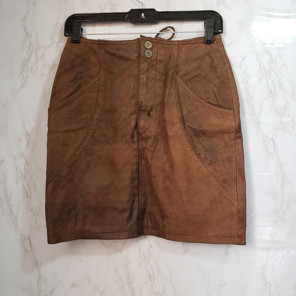 Vintage Brown 100% Leather Skirt Western Sz. 6